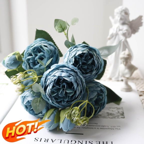 Qocolhg 5 Head Fake Flowers Vintage Artificial Peony Silk Flowers Bridal Wedding Home Party Decoration, Real Touch Fake Silk Bouquet for Arrangements Dining Table Centerpieces, Blue