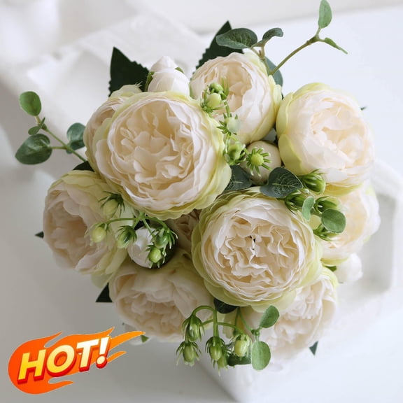 Qocolhg 5 Head Fake Flowers Vintage Artificial Peony Silk Flowers Bridal Wedding Home Party Decoration, Real Touch Fake Silk Bouquet for Arrangements Dining Table Centerpieces, Champagne