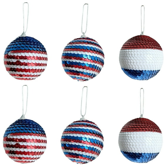 Qocolhg 6 Pcs Independence Day Sequin Balls Ornaments, 4th of July Patriotic Ornaments Hanging Balls, Red White Blue Christmas Tree Balls for Memorial Day Veteran Day Tree Decorations, 3.14 inch