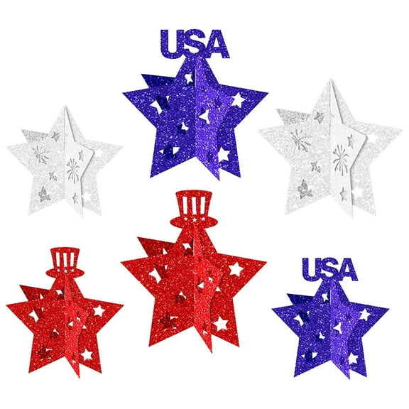 Qocolhg 6 Pcs Labor Day Decorations Paper Stars Set, 3D Glitter Star Memorial Day Tiered Tray Decor, 4th of July Red White Blue Patriotic Decoration for Home Table Desk Door Shelf (Flag Style)