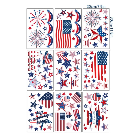 Qocolhg 9 Sheet Patriotic Window Clings, Red White and Blue Stars Shape and Fireworks Window Decals for Holiday, 4th of July Decorations, Window Stickers for School and Home Party Decor, Clearance