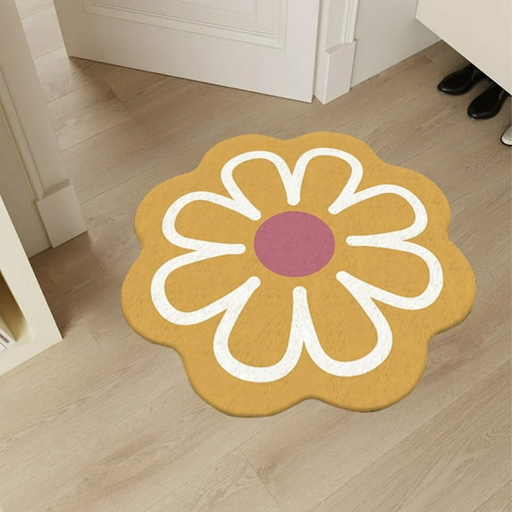 Qocolhg Aesthetic Cute Flower Round Area Rug Non Slip Circle Soft Fast Dry Flower Rug Indoor Floor Mat Carpet for Girls Bedroom Bathroom Living Room Sofa Nursery Decor, 24 inch Yellow