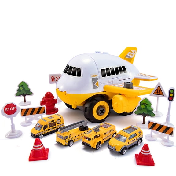 Qocolhg Baby Airplane Toys for Boys Girls, Small Transport Cargo Airplane with 4 Construction Vehicle 10 Road Signs, Plane Toy for Toddlers Ages 1 2 3 4 5 6, Toys Model for Kids, Yellow, Clearance