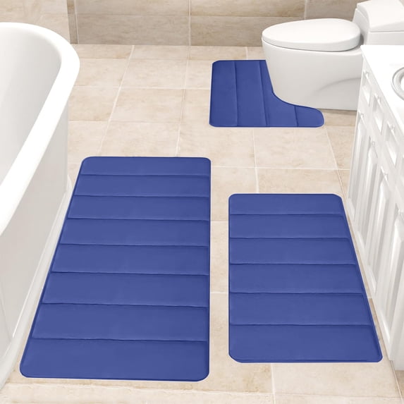 Qocolhg Bathroom Rugs Set of 3,Absorbent Microfiber Bath Rugs and U-Shaped Contour Toilet Rug Area Rug,Non-Slip Bath Carpet,Home Decor Accessories,Bath Mat Set for Bathroom Christmas Clearance,Blue