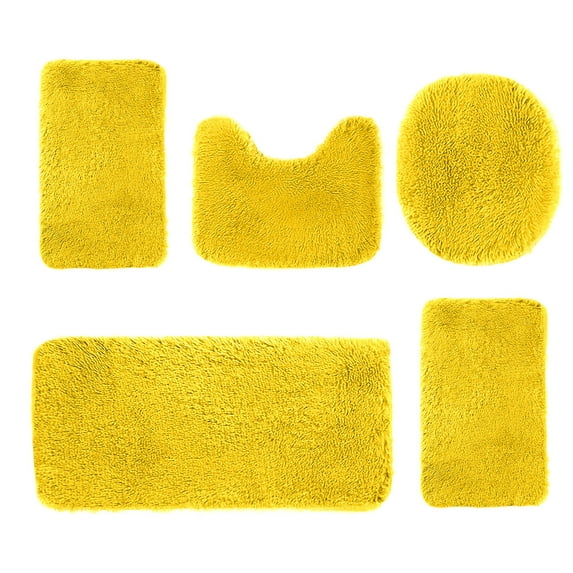 Qocolhg Solid Color Shaggy Bath Mats of 5 Piece U-Shaped Contour Toilet Rug, Soft Comfortable Water Absorption Non-Slip Bath Mat, Shower Mat for Floor, Room Door Mat, Machine Washable, Yellow