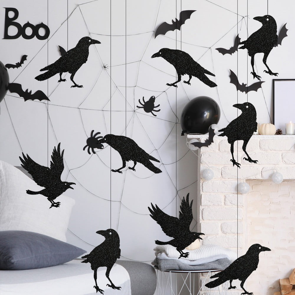 Qocolhg Black Crow Garland for Gothic Glitter Halloween Sticker Decals Tree Hanging Decorations Raven Bird Banner Garland Backdrop for Horror Theme Birthday Party Supplies