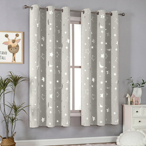 Qocolhg Blackout Star Curtains for Kids Room Nursery 2 Panel Sets 54 Inch Long, Grommet Silver Star and Moon Patterned Blackout Curtains Thermal Insulated Boys Bedroom Curtains, Beige