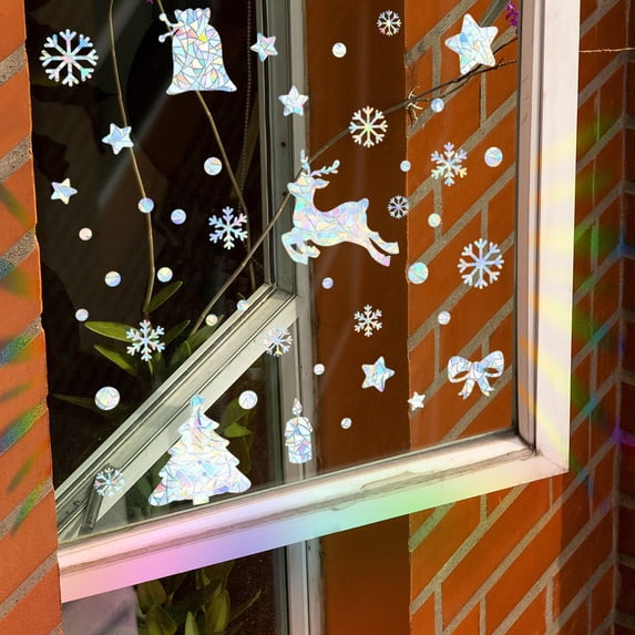 Qocolhg Christmas Tree Stickers, Star Snowflake Window Stickers for Birds, Window Strike Prevention Stickers Rainbow Reflective Window Clings for Bird Protection, Window Decals For Glass Windows