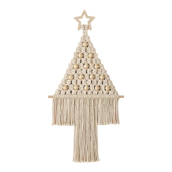 Qocolhg Christmas Wall Hanging Christmas Tree Boho Tapestry 19.7 Inch Cotton Star Beaded Ornament Woven Art Pendant Decor Winter Christmas Crafts Farmhouse Door Windows Home Decoration