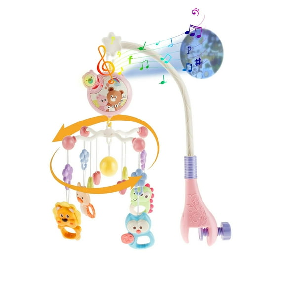 Qocolhg Crib Mobile with Music and Lights, Baby Mobiles for Cribs, Nursery Musical Mobile for Bassinets Toys Hanging Girls Boys, Pack and Play Space Portable Animal Mobile Hanger Arm