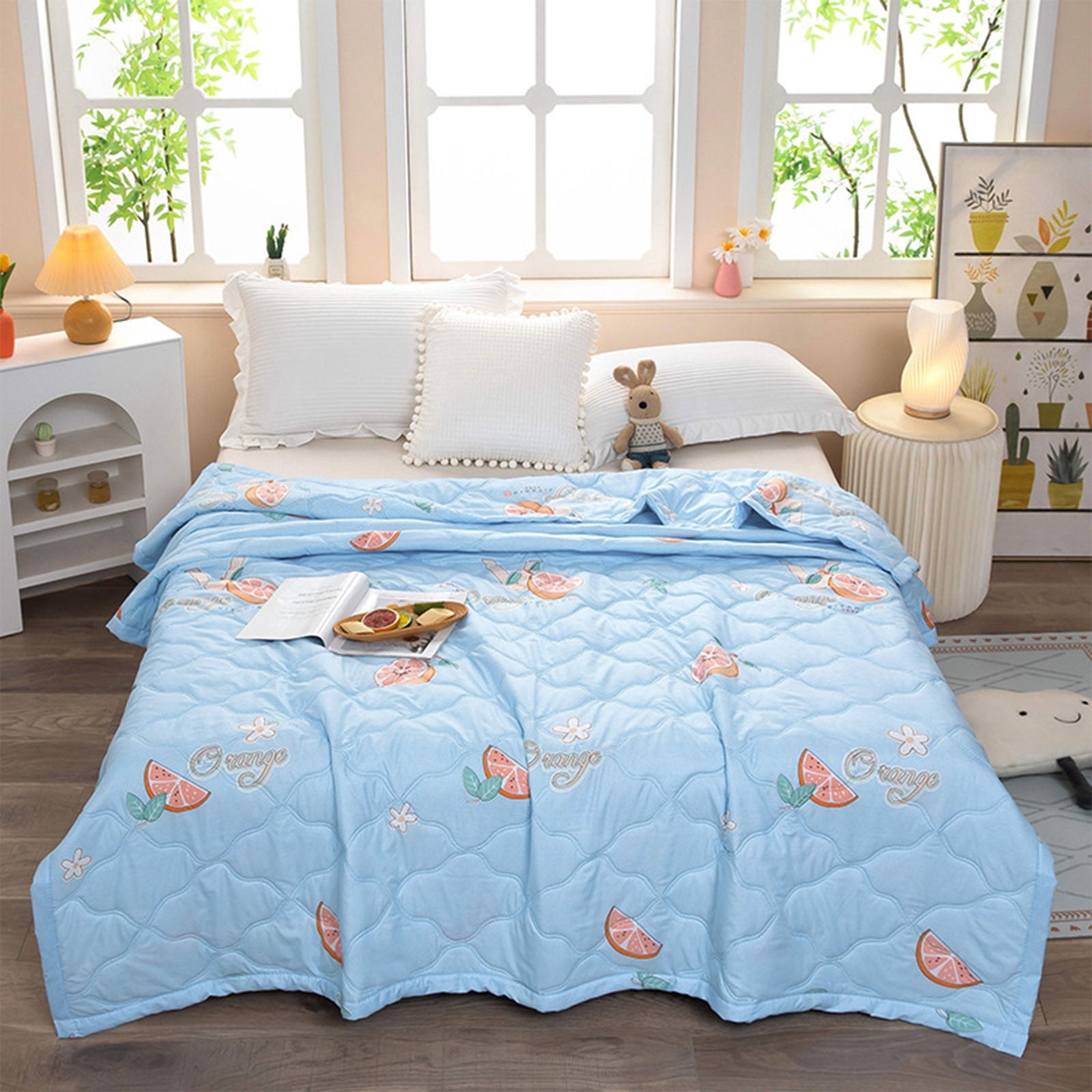 Qocolhg Cute Summer Quilt Bedding Modern Air Conditioner Quilt for Kids, Cotton Breathable Comforter Print Floral Quilts Bedspread, Cooling Blankets for Hot Sleepers, 39x59 inch, Blue