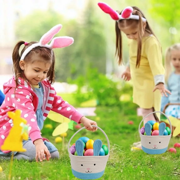 Qocolhg Easter Bunny Basket Cute Contrast Color Rope Easter Bucket Tote with Long Handle for Home Party School, Easter Baskets for Kids