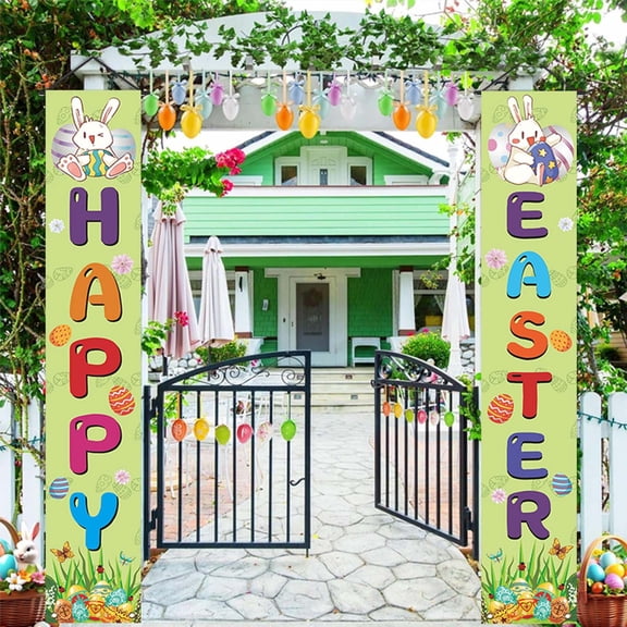 Qocolhg Easter Bunny Porch Banner, Carrot & Egg Front Door Decoration, Spring Welcome Flag for Outdoor Home Decor, Easter Decorations for Home, 12x71 inch