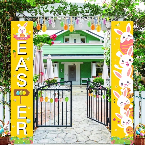 Qocolhg Easter Bunny Porch Banner, Carrot & Egg Front Door Decoration, Spring Welcome Flag for Outdoor Home Decor, Easter Decorations for Home, 12x71 inch