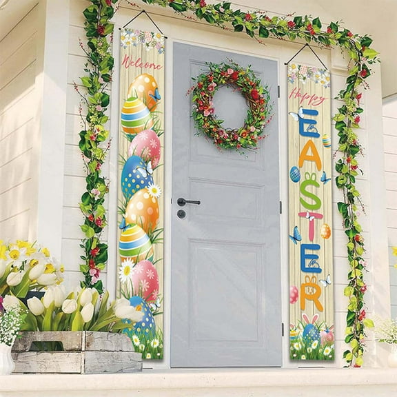 Qocolhg Easter Bunny Porch Banner, Carrot & Egg Front Door Decoration, Spring Welcome Flag for Outdoor Home Decor, Easter Decorations for Home, 12x71 inch