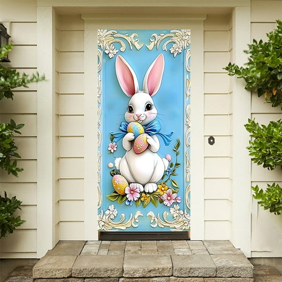 Qocolhg Easter Door Cover Bunny Egg Rabbit Decor Daisy Decorations Door Banner Farmhouse Holiday Decor Pattern Easter Season Supplies for Home Office, 70.8x35.4 inch Easter Decorations Outdoor