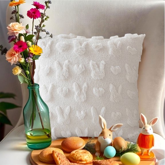Qocolhg Easter Pillow Covers, 18x18 inch Easter Decoration Cream White Rabbit Soft Plush Faux Fur Jacquard Throw Pillows for Bedroom Sofa Holiday Festivals Home Decor