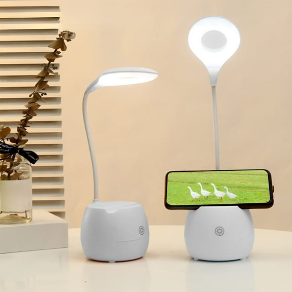 Qocolhg Eye Protection Desk Lamp LED Desk Lamp, USB Rechargeable Dormitory Bedside Reading Lamp, Dimmable Eye-Caring Desk Lamp, Pen & Phone Holders, for Office Bedroom Dorms, White