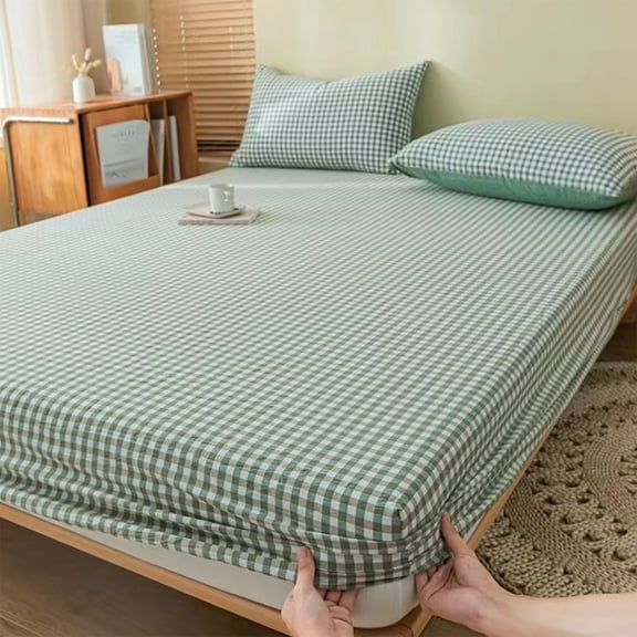 Qocolhg Gingham Fitted Sheet Twin Size Plaid Bedding Sheet Soft Washed Cotton Grid Single Bottom Sheet Gingham Bed Sheet Cotton Mattress Protector Cover 12" Deep Pocket, 59x78.7 inch Green