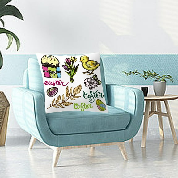 Qocolhg Happy Easter Throw Pillow Covers 18x18 Inch Bunny Egg Spring Floral Decorative Holiday Party Cushion Cases for Sofa Couch, Easter Decorations for Home