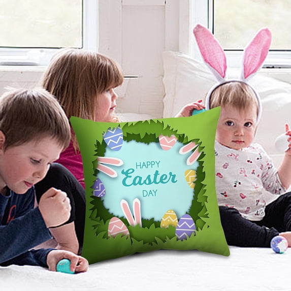Qocolhg Happy Easter Throw Pillow Covers 18x18 Inch Bunny Egg Spring Floral Decorative Holiday Party Cushion Cases for Sofa Couch, Easter Decorations for Home