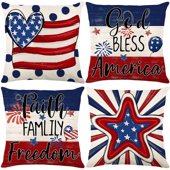 Qocolhg Independence Day Pillow Covers 18x18 inch, Red White and Blue Star Stripes American Flag Throw Pillows Patriotic Decor Memorial Day Pillowcase Outdoor Decorations Linen Cushion Case for Home