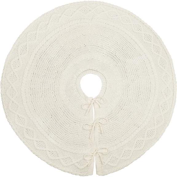 Qocolhg Knitted Christmas Tree Skirt: 48 Inch Cream White Tree Skirt, Diamond Edge Cable Knit Thick Rustic Christmas Tree Decorations, Christmas Decor Xmas Holiday Home Party Decorations