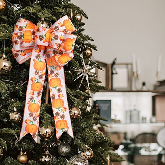 Qocolhg Large Fall Wreath Bows Thanksgiving Bows Maple Leaves Strips Burlap Bows for Wreaths, Fall Ribbon Bows Tree Topper Bows for Thanksgiving Home Indoor Outdoor Christmas Tree Decoration