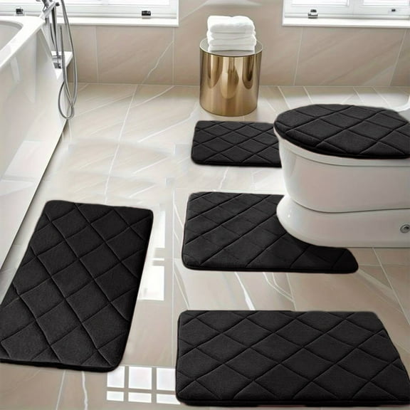 Qocolhg Memory Foam Bath Mats of 5 Piece for Bathroom Floor U-Shaped Toilet Mats Non-Slip Thick Bathroom Rug Water Absorption Machine Washable Easier to Dry Bath Mats for Bathroom (Black)