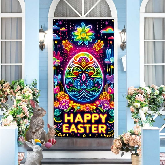 Qocolhg Outdoor Easter Decorations Bunny Door Cover Banner, 70.8x35.4 Inch Easter Bunny Door Cover Wreath Egg Easter Door Banner Accessory Hanging Banner Sign Decoration for Happy Easter Party Favors