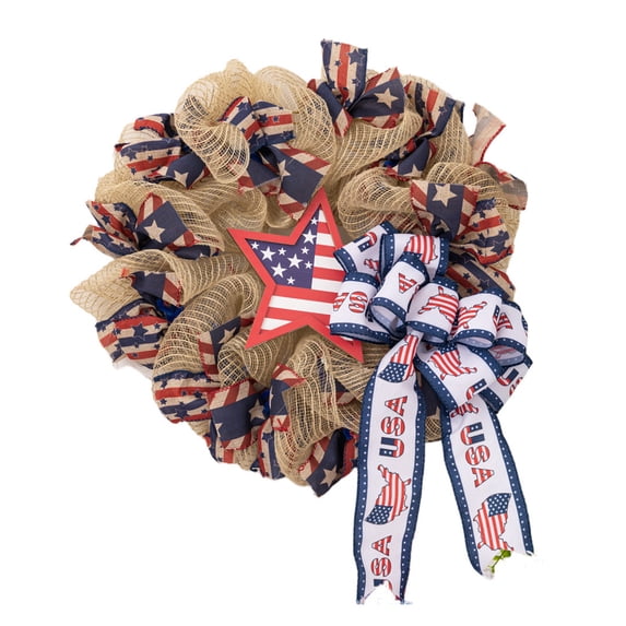 Qocolhg Patriotic Day Memorial Day American Flag Color Burlap Mesh Wreath for Front Door Independence Day 4th of July Wreath for Indoor and Outdoor Red White Blue Ribbon Mesh Wreath, 16 inch