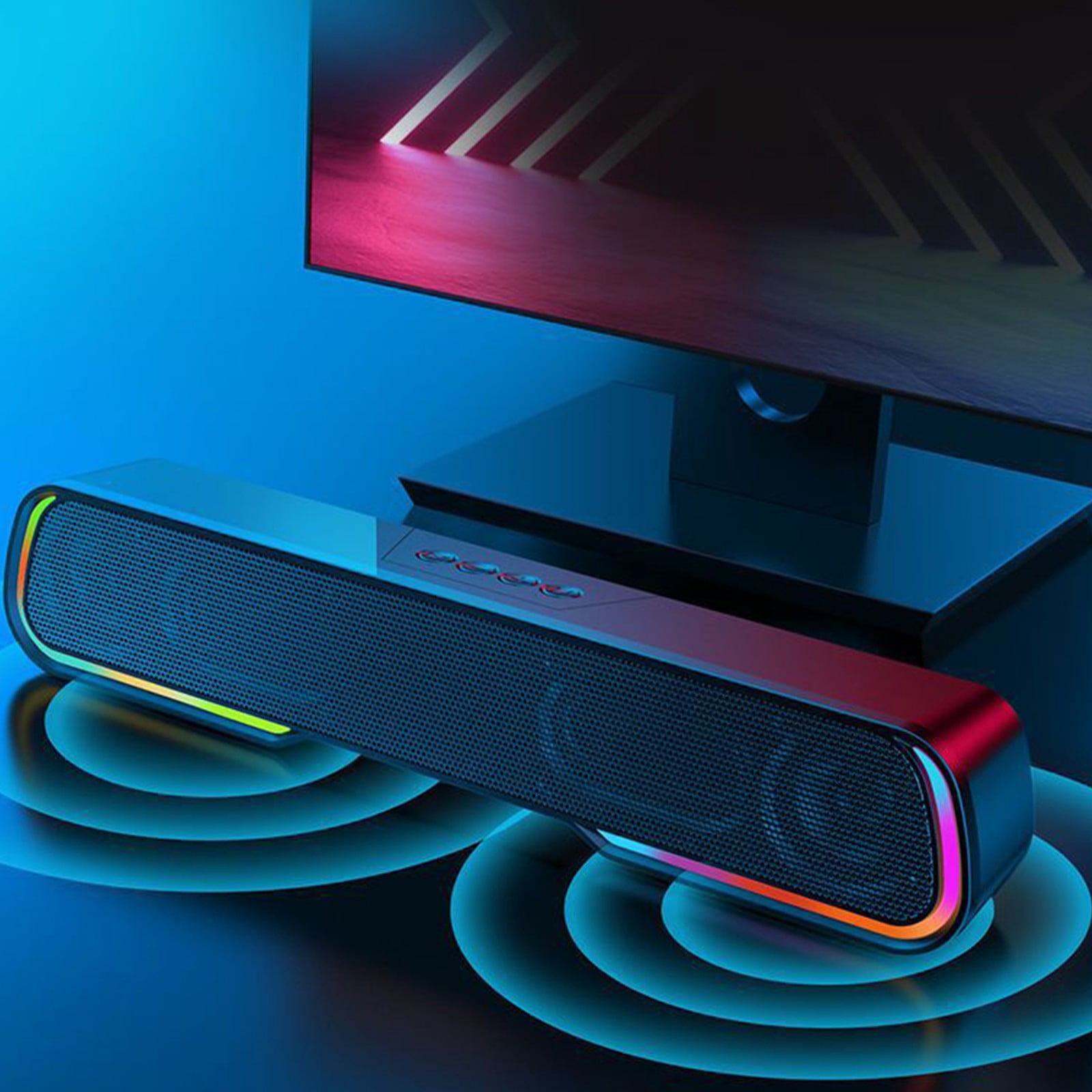 Qocolhg Portable Soundbar Bluetooth Speaker, Computer Speakers for Desktop, Wireless Bluetooth 5.0 Speakers with 7-Color Ambient Light, Strong Basses And High Power for Home, Outdoors, Travel