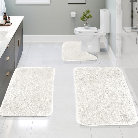 Qocolhg Shaggy Bath Mats of 3 Piece U-Shaped Contour Toilet Rug, Soft Comfortable Water Absorption Non-Slip Bath Mat, Shower Mat for Floor, Room Door Mat, Machine Washable, Yellow