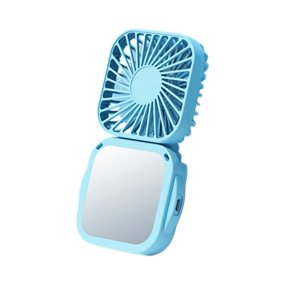 Qocolhg Small Desktop Fan with Makeup Mirror, Portable Handheld Fan, 3 Wind Speed Rechargeable Mini Personal Fans, Lightweight Hanging Neck Fan, Travel Essentials Gifts for Women Girls Blue