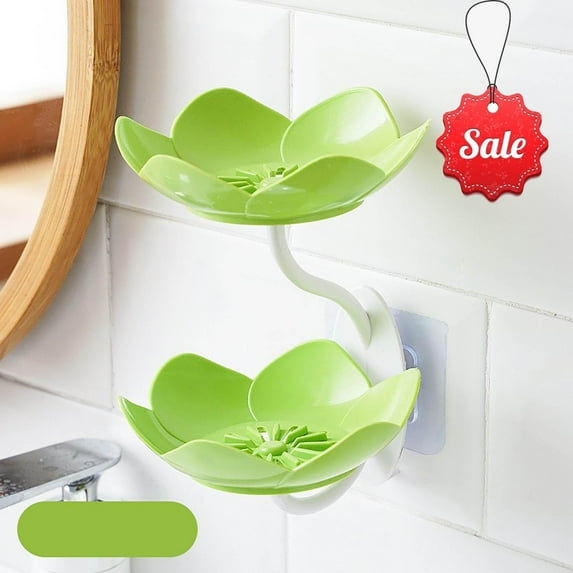 Qocolhg Soap Dish Holder for Shower Bar Double Layer Cute Lotus Shape Adhesive Tray Sink Wall Mounted Shampoo NO-Drilling Self Draining Hanging Saver Rack Plastic Bathroom Bathtub Kitchen, Green
