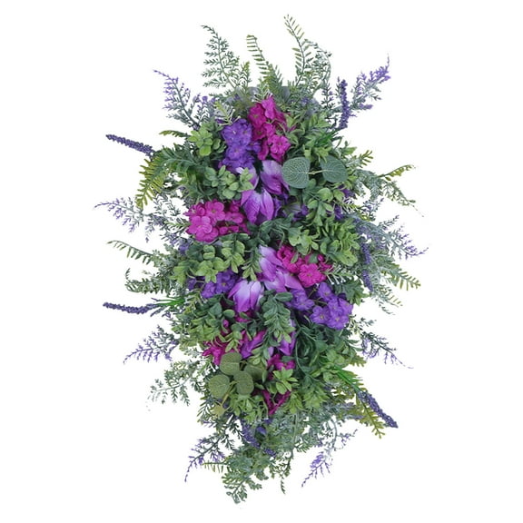 Qocolhg Spring Purple Swag Lavender Wreaths for Front Door, 17.7 inch Artificial Spring Summer Door Wreaths with Green Leaf, Farmhouse Teardrop Swag for Indoor Outdoor Porch Window Wedding Decor