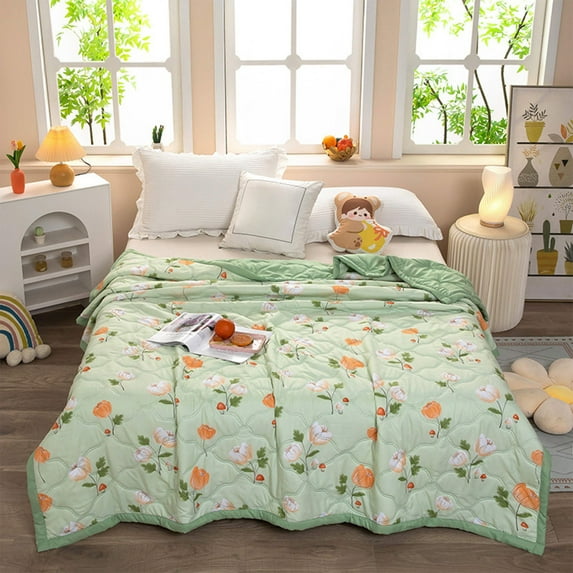 Qocolhg Spring Summer Quilt Bedding Modern Air Conditioner Quilt for Kids, Cotton Breathable Comforter Print Floral Quilts Bedspread, Cooling Blankets for Hot Sleepers, 39x59 inch, Green