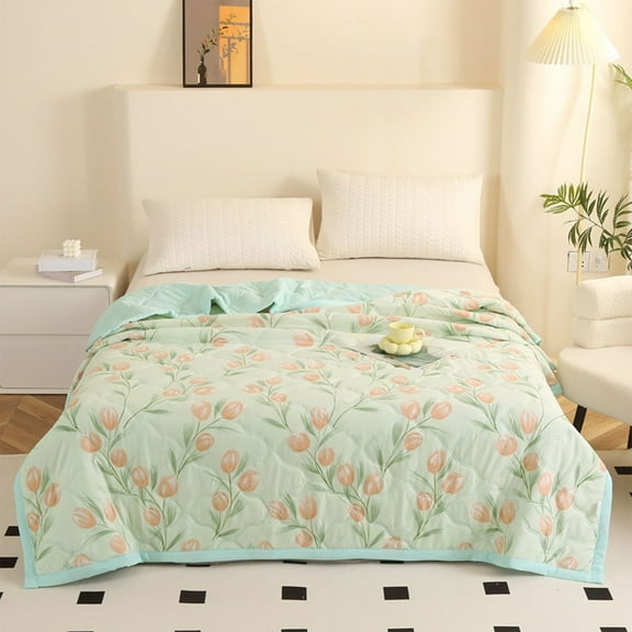 Qocolhg Spring Summer Quilt Bedding Modern Air Conditioner Quilt for Kids, Cotton Breathable Comforter Print Floral Quilts Bedspread, Cooling Blankets for Hot Sleepers, 39x59 inch, Green