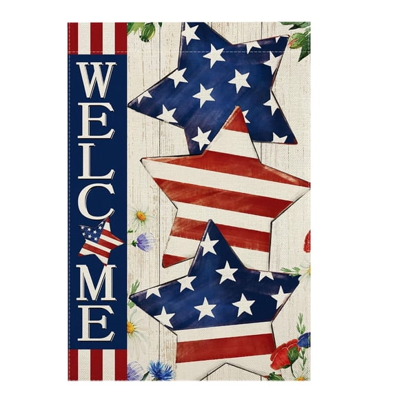Qocolhg Welcome Patriotic Memorial Day Garden Flag Double Sided July 4th Decorative House Yard Outdoor Burlap Flag, USA Red White Blue Star Stripe Decor Summer Home Outside Decoration 12x18
