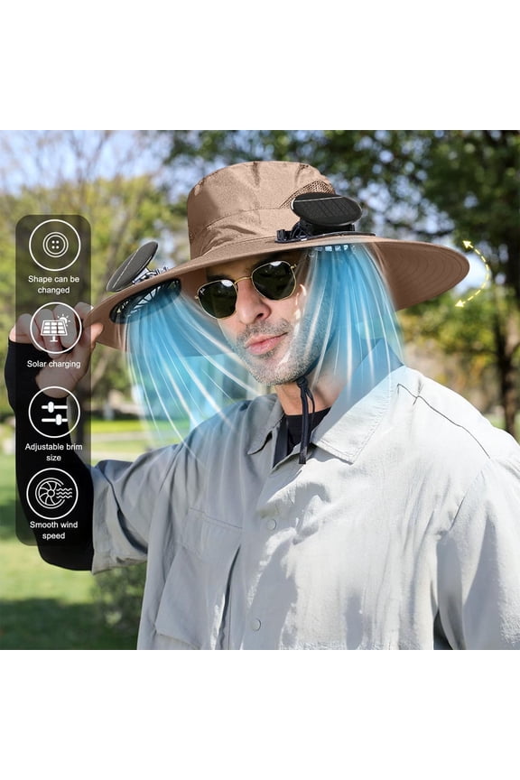 Wide Brim Solar Fan Hat,Fishing Hat with 2 Solar Fan, 3 Speed Solar Powered Fan Hat,Outdoor Sun Hats for Men Women Hat with Fan Built in, Khaki