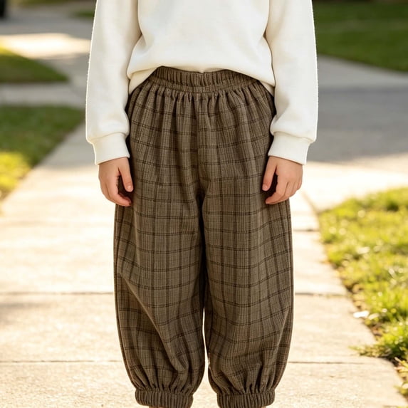 Qodauz Boy Girl Corduroy Joggers Elastic Waist Casual Plaid Pants Thicken Loose Trousers with Pockets 1-12 Years