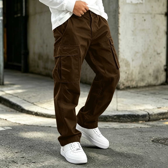 Qodauz Boys Baggy Cargo Pants Elastic Waist Zip Up Button Athletic Pant Outdoor Camping Casual Trousers with Multi Pockets 5-15 Years