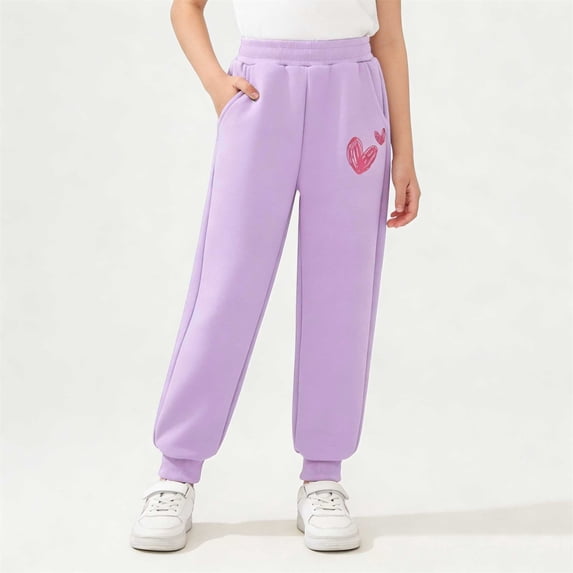 Qodauz Girls Joggers Straight Leg Sweatpants Lightweight Casual Pants Cute Print Elastic Bottom Track Pants with Pockets 3-13 Years