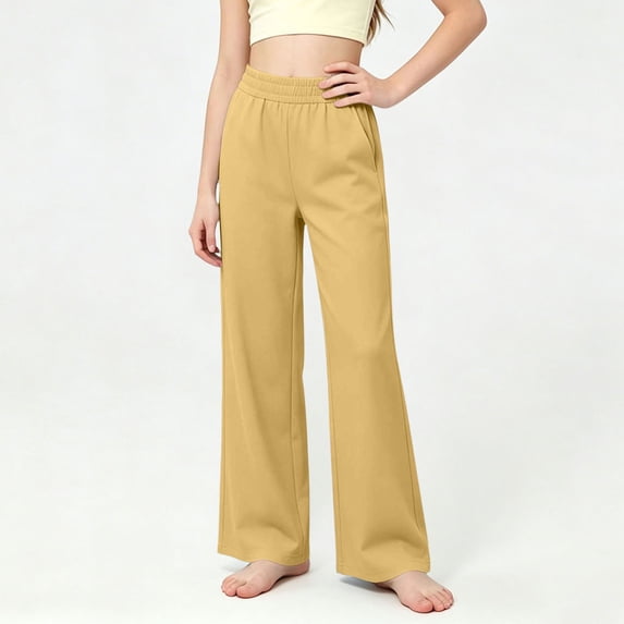 Qodauz Girls Soft Wide Leg Sweatpants High Waisted Straight Leg School Uniform Pants with Pockets 5-14 Years