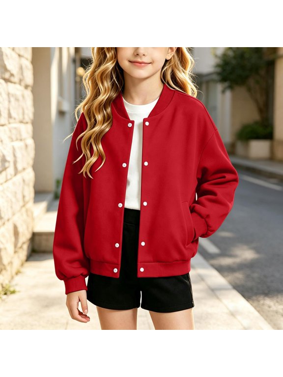 Girls Varsity Jackets Casual Button Down Sweatshirts Fleece Lining Track Jacket Fall Trendy Bomber Style Baseball Outerwear with Pockets 4-15 Years
