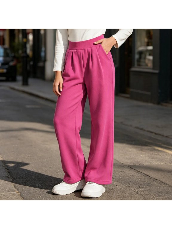 Girls Wide Led Sweatpants Pleated Elastic Waist Track Pants Baggy Straight Casual Long Trousers with Pockets 5-15 Year