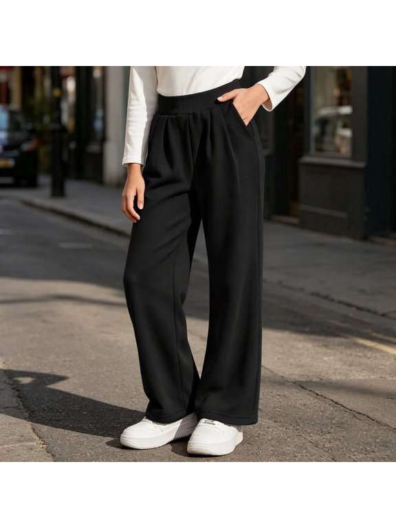 Girls Wide Led Sweatpants Pleated Elastic Waist Track Pants Baggy Straight Casual Long Trousers with Pockets 5-15 Year