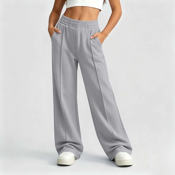Qodauz Girls Wide Leg Sweatpants Front Seam Casual Trousers Lightweight Fleece Elastic Waist Track Pants with Pockets 5-15 Years