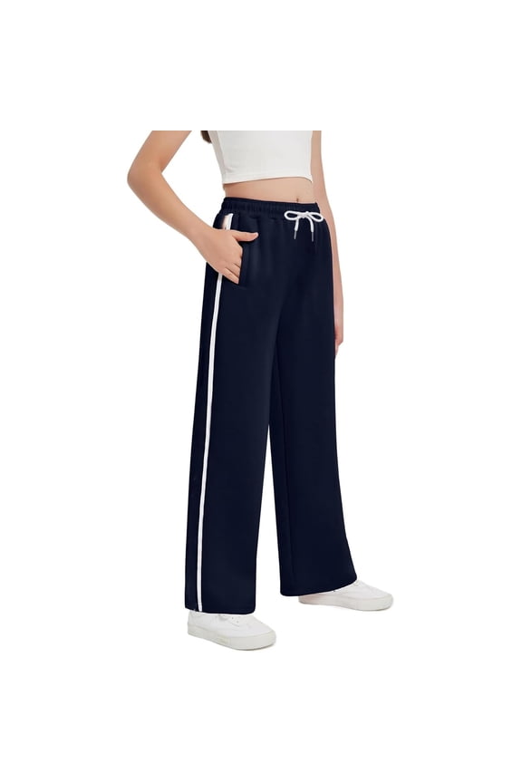 Girls Wide Leg Sweatpants High Waisted Side Stripe Track Pants Baggy School Uniform Pant with Pockets 5-14 Years