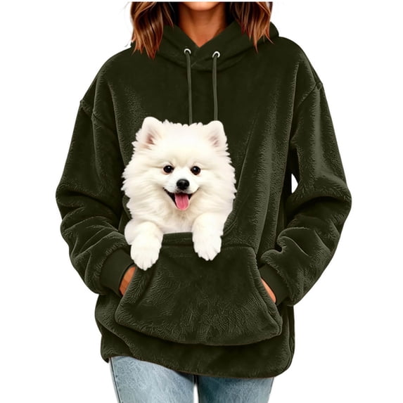 Qodauz Pet Pouch Hoodie for Women Warm Cozy Fuzzy Hooded Sweatshirt Pet Carrier Oversized Casual Pullover with Kangaroo Pockets S
